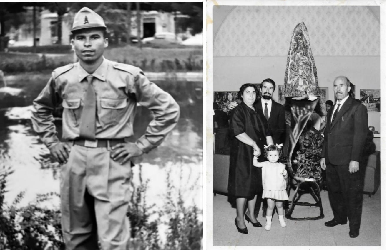 Arturo durante il servizio militare svolto a Siracusa e tra mamma Angela, papà Giuseppe e la nipotina,in centro l’opera L’albero degli Incubi. Vittoria 1964.